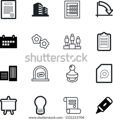 office vector icon set such as: project, quality, agenda, file, success, man, progress, roll, chart, scroll, choice, bulb, calculation, economy, legal, fill, power, mechanics, movie, documents