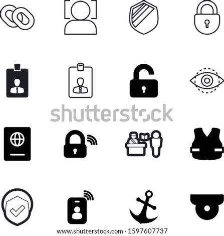 security vector icon set such as: recognition, shape, crime, circle, life, vest, help, video, old, tap, citizenship, padlock, looking, naval, lake, policeman, tag, iron, door, swimming, modern
