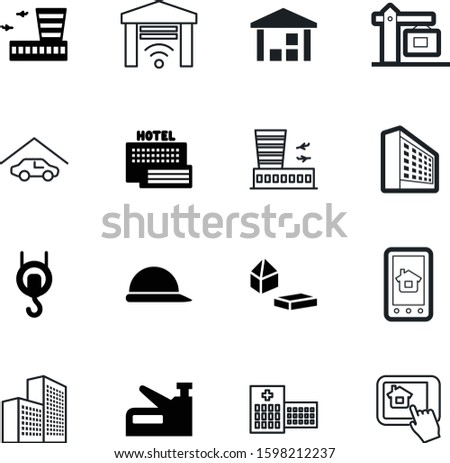 building vector icon set such as: weight, human, mechanic, logo, build, instrument, warehouse, flight, stock, gate, fly, break, healthcare, game, logistic, repair, company, danger, maintenance, toy