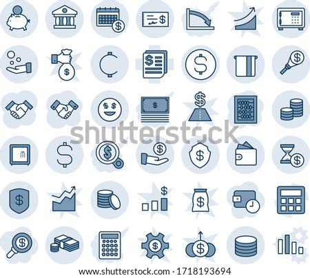 Blue tint and shade editable vector line icon set - safe vector, handshake, abacus, receipt, calculator, dollar sign, cent, coin, cash, smile, bank, atm, calendar, piggy, investment, pay, wallet
