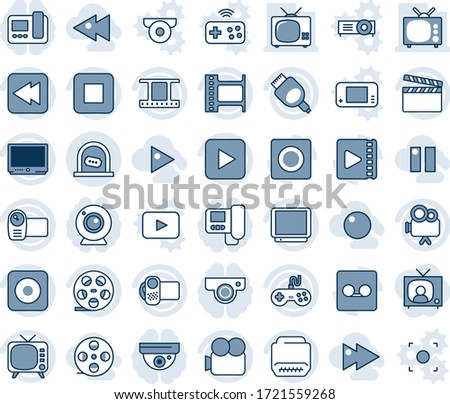 Blue tint and shade editable vector line icon set - ticket office vector, clapboard, film frame, reel, tv, gamepad, video camera, play button, stop, rewind, rec, hdmi, record, fast forward, backward