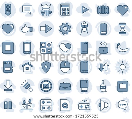 Blue tint and shade editable vector line icon set - no laptop vector, vip, right arrow, train, candle, mobile phone, case, calculator, mouse, fence, caterpillar, speaker, cell, heart, low battery