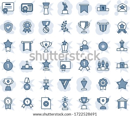 Blue tint and shade editable vector line icon set - star letter vector, pedestal, pennant, medal, sertificate, shield check, pennon, certificate, award cup, flag, golden branch, winner, win, gold