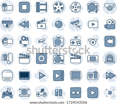Blue tint and shade editable vector line icon set - ticket office vector, clapboard, film frame, reel, tv, gamepad, video camera, play button, stop, rewind, hdmi, record, fast forward, backward, web