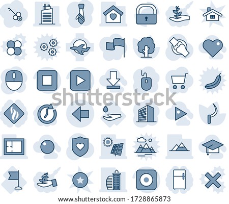 Blue tint and shade editable vector line icon set - left arrow vector, office building, mouse, tree, sickle, heart shield, joint, drop hand, flag, plane, play button, stop, rec, lock, tie, sun panel