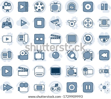 Blue tint and shade editable vector line icon set - ticket office vector, clapboard, film frame, reel, tv, gamepad, video camera, play button, pause, stop, rewind, rec, hdmi, record, fast forward