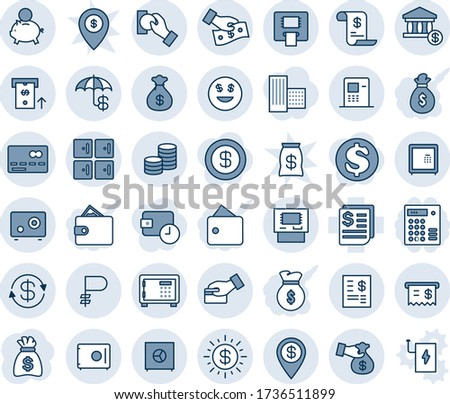 Blue tint and shade editable vector line icon set - credit card vector, safe, checkroom, money bag, receipt, ruble, coin, dollar exchange, insurance, sun, smile, account, atm, statement, pin, pay