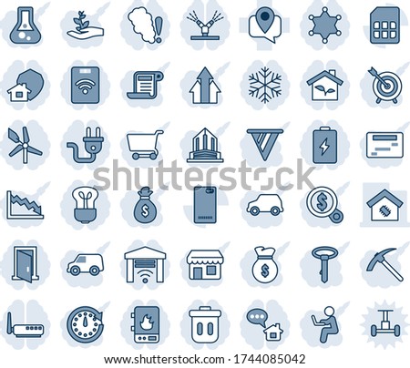 Blue tint and shade editable vector line icon set - mobile tracking vector, phone back, sim, smart home, eco house, power plug, irrigation, water heater, router, snowflake, smoke detector, bulb, car