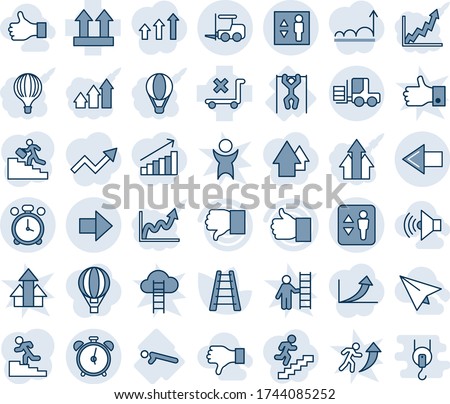 Blue tint and shade editable vector line icon set - elevator vector, alarm clock, left arrow, fork loader, right, ladder, push ups, pull, up side sign, no trolley, finger, down, career, volume max