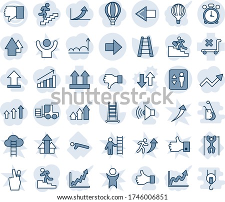 Blue tint and shade editable vector line icon set - elevator vector, alarm clock, left arrow, right, fork loader, ladder, push ups, pull, up side sign, no trolley, finger down, career, volume max