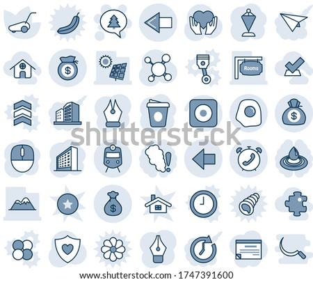 Blue tint and shade editable vector line icon set - train vector, left arrow, phone alarm, merry christmas message, office building, pennant, mouse, coffee, lawn mower, molecule, heart shield, hand