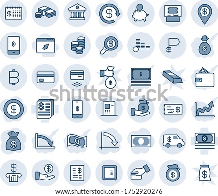 Blue tint and shade editable vector line icon set - money bag vector, crisis graph, cash, receipt, bitcoin, ruble, mobile payment, coin, credit card, tap pay, safe, bank, atm, finance calendar, gold