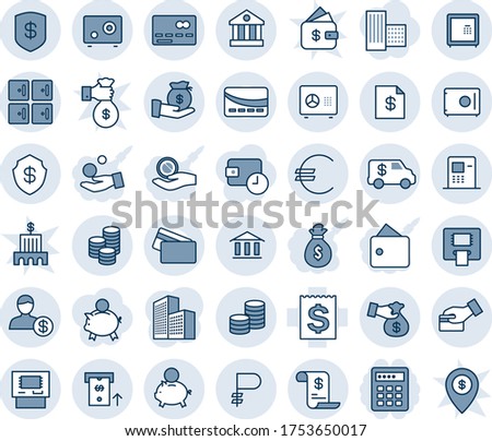 Blue tint and shade editable vector line icon set - credit card vector, checkroom, safe, receipt, euro, ruble, coin, bank, atm, account statement, piggy, investment, pay, encashment car, history