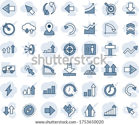 Blue tint and shade editable vector line icon set - right arrow vector, left, elevator, growth statistic, crisis graph, route, signpost, navigation, up side sign, update, download, compass, bar
