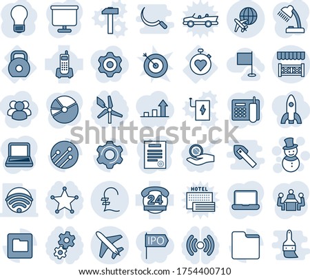 Blue tint and shade editable vector line icon set - plane vector, globe, snowman, bulb, stopwatch heart, weight, office phone, 24 hours, settings, network, folder, pound, presentation board, meeting