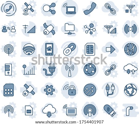 Blue tint and shade editable vector line icon set - wireless notebook vector, antenna, satellite, network, chain, rca, call, sim, cellular signal, gear, right arrow, folder, download cloud, link, no