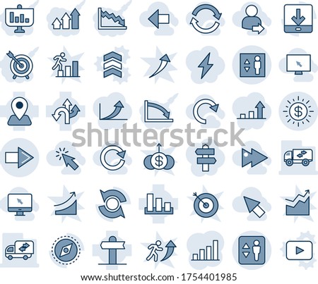 Blue tint and shade editable vector line icon set - elevator vector, right arrow, route, signpost, navigation, sorting, download, compass, update, dollar sun, bar graph, moving, cursor, monitor, up