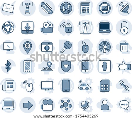 Blue tint and shade editable vector line icon set - antenna vector, no laptop, male, right arrow, lock, mobile phone, mouse, heart shield, navigation, satellite, news, video camera, network, cell