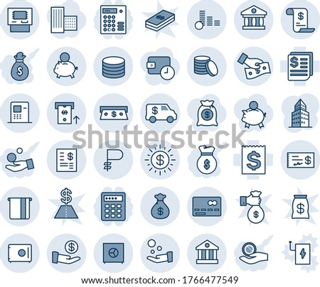 Blue tint and shade editable vector line icon set - credit card vector, receipt, ruble, coin, safe, dollar sun, bank, atm, cash, account statement, money bag, piggy, investment, pay, encashment car