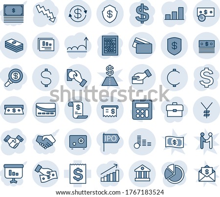 Blue tint and shade editable vector line icon set - handshake vector, dollar sign, abacus, crisis graph, receipt, calculator, yen, cent, coin, exchange, cash, safe, bank, statistics report, card pay