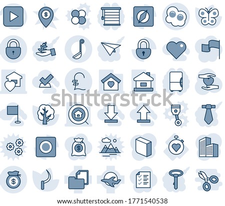 Blue tint and shade editable vector line icon set - lock vector, tree, butterfly, sickle, heart hand, stopwatch, plane, folder document, play button, record, compass, pound, money bag, blank box