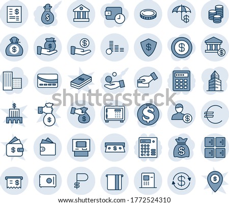 Blue tint and shade editable vector line icon set - safe vector, checkroom, money bag, euro, ruble, coin, dollar exchange, insurance, bank, account, atm, receipt, cash, statement, investment, wallet