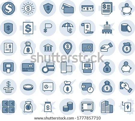 Blue tint and shade editable vector line icon set - credit card vector, safe, checkroom, money bag, receipt, ruble, coin, insurance, dollar sun, bank, atm, cash, account statement, pin, piggy, pay