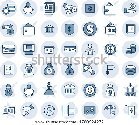 Blue tint and shade editable vector line icon set - money bag vector, receipt, ruble, coin, dollar exchange, safe, insurance, bank, atm, cash, account statement, piggy, investment, pay, encashment
