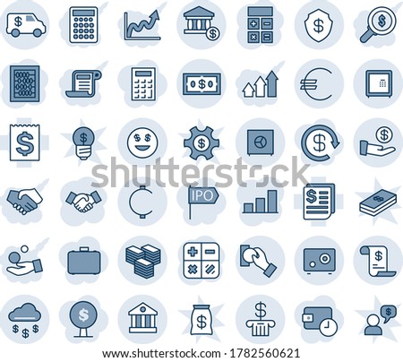 Blue tint and shade editable vector line icon set - handshake vector, calculator, abacus, receipt, euro, cent, dollar, big cash, money rain, safe, smile, bank, account, investment, pay, history, ipo