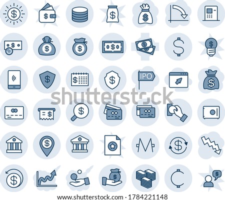 Blue tint and shade editable vector line icon set - credit card vector, money bag, crisis graph, cash, dollar, cent, monero, coin, exchange, big, safe, sun, bank, atm, receipt, finance calendar, pin