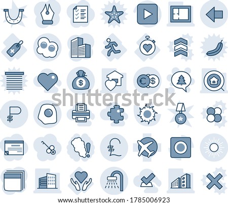 Blue tint and shade editable vector line icon set - shower vector, sun, left arrow, merry christmas message, medical label, run, heart care, stopwatch, plane, play button, record, pound, ruble, plan
