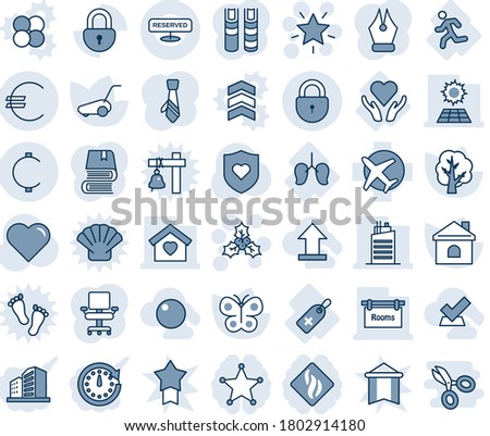Blue tint and shade editable vector line icon set - lock vector, christmas star, holly, tree, lawn mower, butterfly, house, heart, shield, medical label, lungs, run, care, plane, euro, cent, ink pen