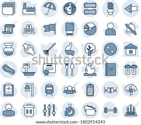 Blue tint and shade editable vector line icon set - spoon and fork vector, cafe, train, umbrella, phone, left arrow, ripper, rake, tree, barbell, disabled, stomach, joint, pulse clipboard, hospital