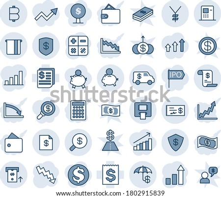 Blue tint and shade editable vector line icon set - growth statistic vector, calculator, crisis graph, receipt, yen, bitcoin, safe, insurance, atm, money search, account statement, piggy bank, check