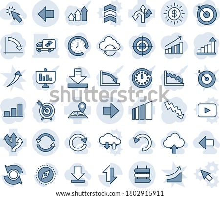 Blue tint and shade editable vector line icon set - sign post vector, right arrow, left, growth statistic, crisis graph, route, navigation, sorting, data exchange, download, compass, update, bar, up