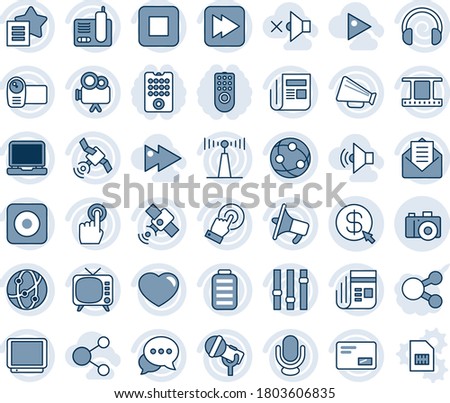 Blue tint and shade editable vector line icon set - camera vector, film frame, microphone, antenna, satellite, news, loudspeaker, tv, settings, video, network, touch screen, dialog, headphones, mail