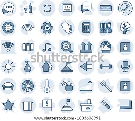 Blue tint and shade editable vector line icon set - waiting area vector, left arrow, male wc, female, wine, growth statistic, stamp, farm fork, tree, fireplace, tomography, barbell, syringe, pear