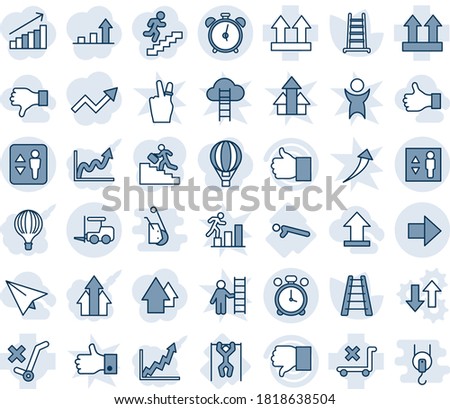 Blue tint and shade editable vector line icon set - elevator vector, alarm clock, fork loader, right arrow, ladder, push ups, pull, up side sign, no trolley, finger, down, career, uplooad, like