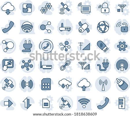 Blue tint and shade editable vector line icon set - antenna vector, satellite, share, rca, call, sim, network, data exchange, cellular signal, wireless, gear, right arrow, download cloud, upload, no
