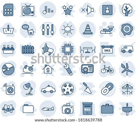 Blue tint and shade editable vector line icon set - plane vector, cafe, female wc, safety car, road cone, sleigh, turkey, case, stamp, fence, tree, bike, reel, loudspeaker, settings, chain, sim, hr