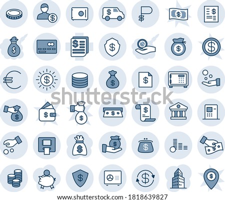 Blue tint and shade editable vector line icon set - credit card vector, safe, money bag, receipt, euro, ruble, coin, dollar exchange, sun, bank, atm, cash, account statement, investment, pay, purse