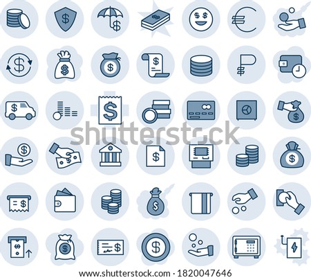 Blue tint and shade editable vector line icon set - credit card vector, safe, money bag, receipt, euro, ruble, coin, dollar exchange, insurance, smile, bank, atm, account statement, investment, time