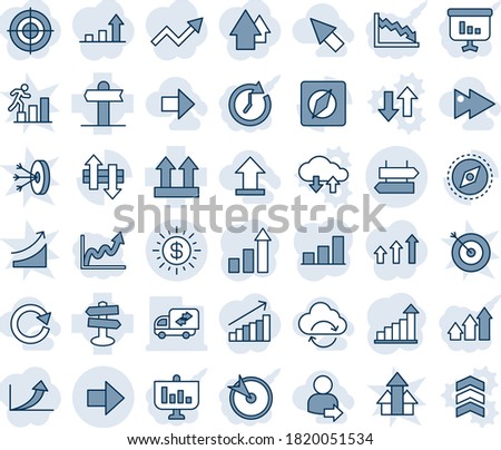 Blue tint and shade editable vector line icon set - signpost vector, right arrow, growth statistic, up side sign, data exchange, compass, dollar sun, bar graph, moving, cursor, uplooad, user login