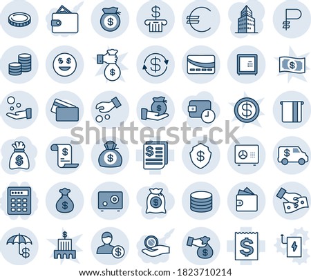 Blue tint and shade editable vector line icon set - safe vector, money bag, receipt, euro, ruble, coin, dollar exchange, insurance, smile, bank, atm, account, investment, cash pay, encashment car