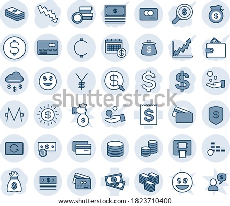 Blue tint and shade editable vector line icon set - credit card vector, dollar sign, money bag, crisis graph, cash, receipt, yen, cent, monero, coin, big, rain, exchange, safe, sun, smile, atm, pay