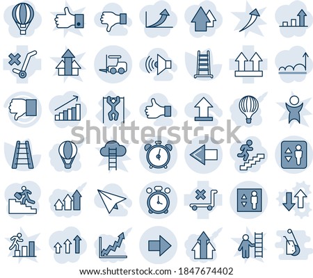 Blue tint and shade editable vector line icon set - elevator vector, alarm clock, left arrow, fork loader, right, ladder, pull ups, up side sign, no trolley, finger down, career, volume max, uplooad