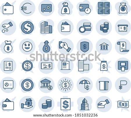 Blue tint and shade editable vector line icon set - checkroom vector, safe, money bag, receipt, euro, ruble, coin, insurance, dollar sun, smile, bank, account, atm, statement, investment, card pay