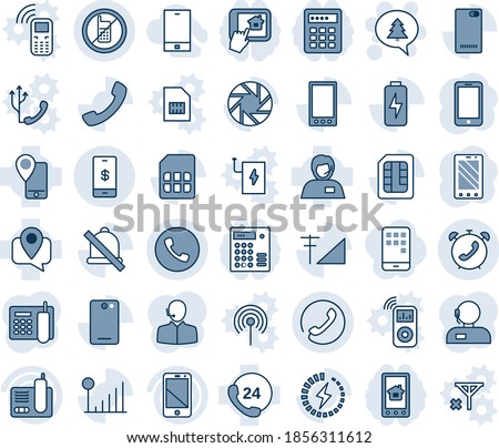 Blue tint and shade editable vector line icon set - phone vector, no mobile, alarm, merry christmas message, 24 hours, support, tracking, cell, radio, back, call, camera, sim, mute, cellular signal
