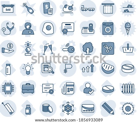 Blue tint and shade editable vector line icon set - suitcase vector, flight table, baggage truck, snowflake, turkey, wine glasses, document search, fence, tree, stethoscope, pills, pill, bottle, cut