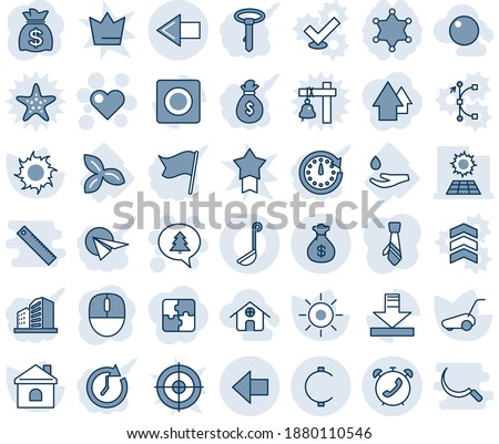 Blue tint and shade editable vector line icon set - left arrow vector, phone alarm, heart, merry christmas message, mouse, money bag, lawn mower, house, sun, three leafs, drop hand, record, download